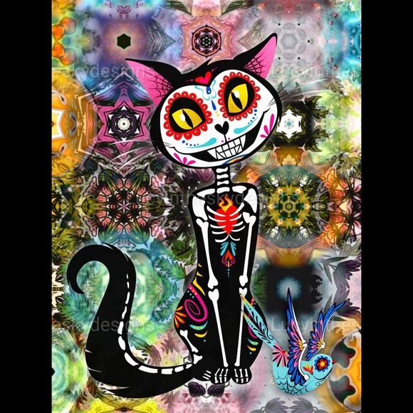 Sugar Skull Kitty Cat Sparrow Sacred Heart Bright Psychedelic Wall Decor - Picture 2 of 5